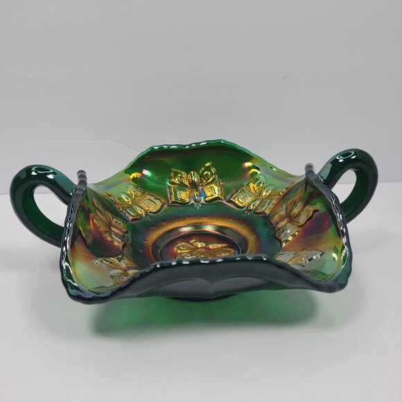 Fenton Green Carnival Glass Butterflies Bon Bon Dish #117/500 - Picture 2 of 8